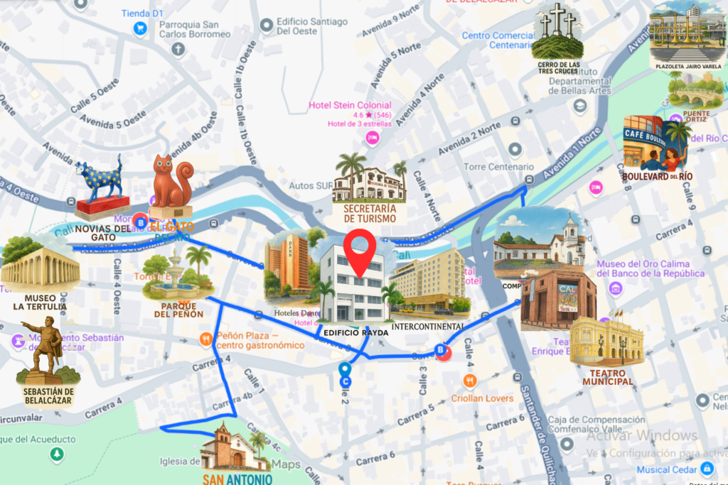 Ubicación del apartamento en El Peñón, Cali, y principales sitios de interés cercanos